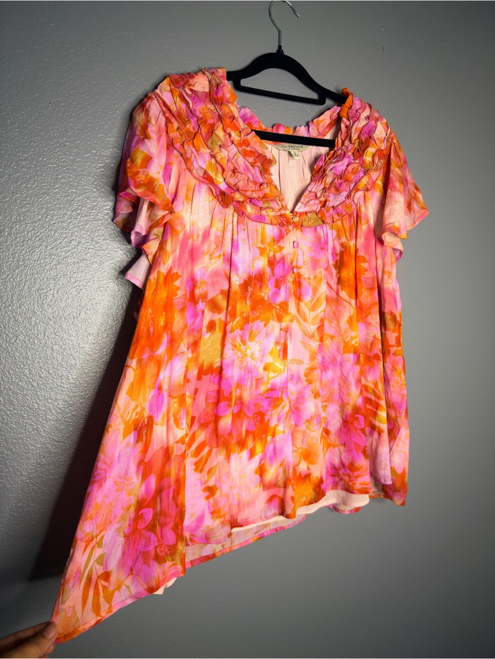 Liverpool Pink & Orange Floral Ruffled V-Neck Blouse Artsy 2x